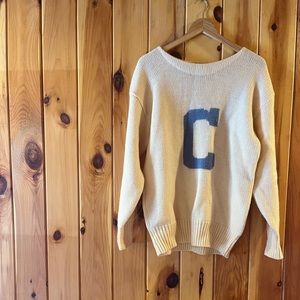 VARSITY ATHLETIC 100% Wool C Vintage 92' Heavy Knit Sweater - White - Size L